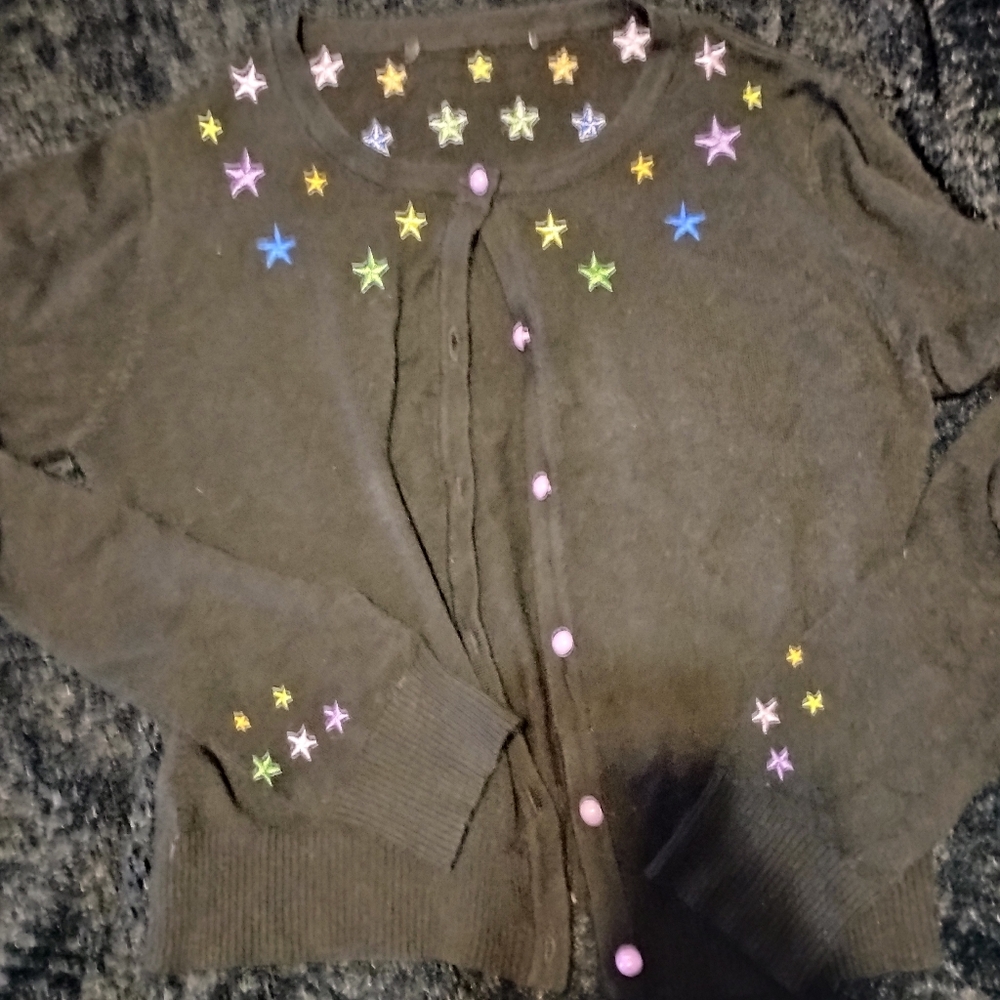 Black Cardigan with Colorful Star Embellishments